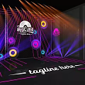 Music Stage with Orange Purple Lights and Colorful Circles on Mesh Background and Neon Lines