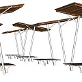 Outdoor Pergola Structure With Wooden Roof Metal Supports And Benches