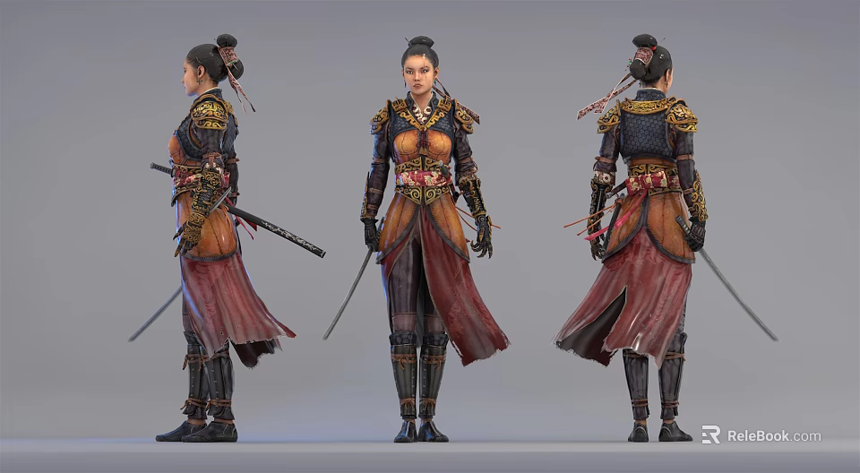 Traditional Female Warrior Character Three Angles View With Ornate Armor And Sword 3d model 