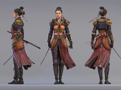 Traditional Female Warrior Character Three Angles View With Ornate Armor And Sword 3d model