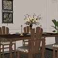 Classic Dining Room Interior Design With Wooden Table Chairs Artworks And Potted Plant