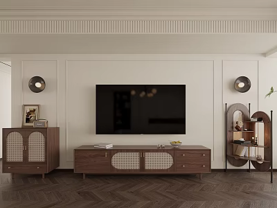 Elegant Wooden TV Stand With Lattice Doors Side Cabinets And Wall Sconces In Living Room Interior 3d model