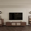 Elegant Wooden TV Stand With Lattice Doors Side Cabinets And Wall Sconces In Living Room Interior