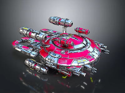 Sci Fi Spaceship 3D Model With Red And Silver Exterior Multiple Engines And Circular Hull 3d model