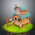 Cartoon Style Wooden Cart With Blue Green Roof On Grass