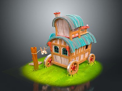 Modern carriage caravan Cartoon station wagon Cartoon wooden car ancient frame car 3d model