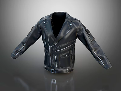 Black Leather Biker Jacket With Zipper Pockets Belt Buckle And Stitch Details 3d model