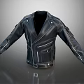 Black Leather Biker Jacket With Zipper Pockets Belt Buckle And Stitch Details