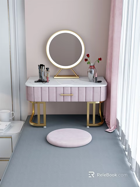 Elegant Pink Dressing Table With Gold Legs Marble Top Round Mirror And Pink Stool 3d model 