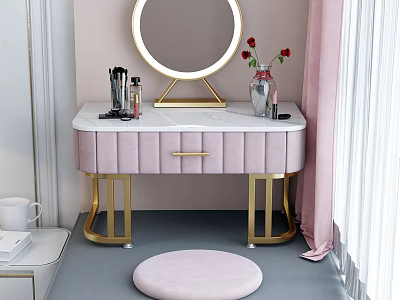 Elegant Pink Dressing Table With Gold Legs Marble Top Round Mirror And Pink Stool 3d model