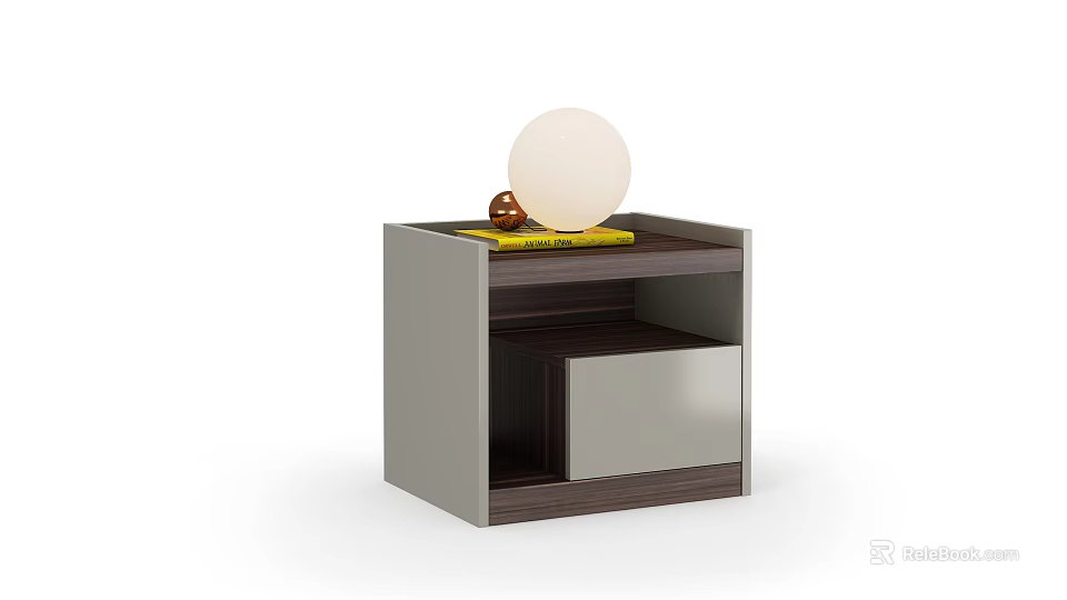 Modern Bedside Table With Dark Wood Surface Silver Frame Open Storage And White Spherical Lamp 3d model
