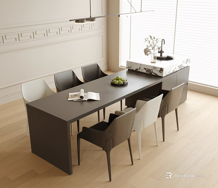 Modern Dining Table And Chair Set With Gray White Chairs Fruit Bowl In Bright Room 3d model 