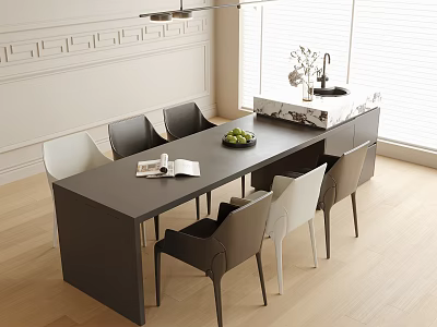 Modern Dining Table And Chair Set With Gray White Chairs Fruit Bowl In Bright Room 3d model