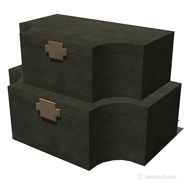 Stylish Decorative Ornament Set With Stacked Dark Boxes And Metal Clasps 3d model 