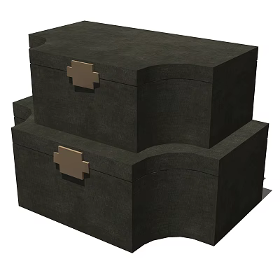 Stylish Decorative Ornament Set With Stacked Dark Boxes And Metal Clasps 3d model