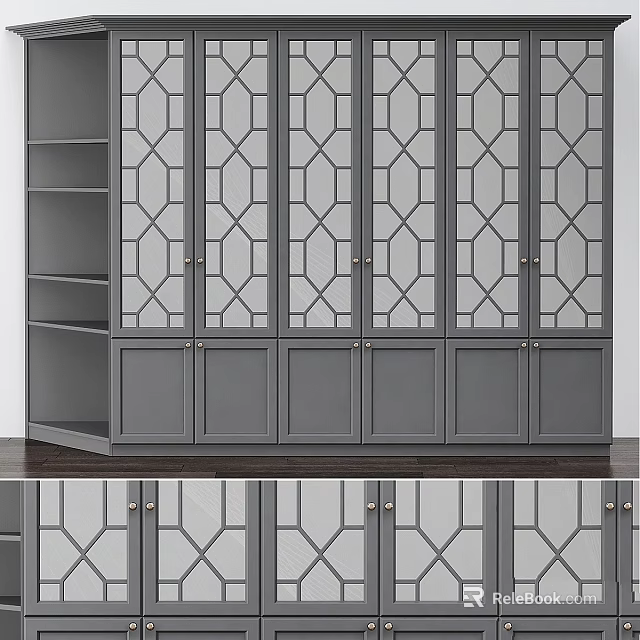 Gray Cabinet With Geometric Pattern Glass Doors And Open Shelves Design 3d model 