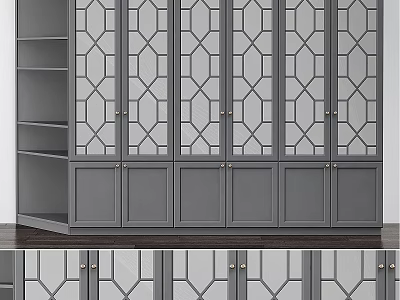 Gray Cabinet With Geometric Pattern Glass Doors And Open Shelves Design 3d model