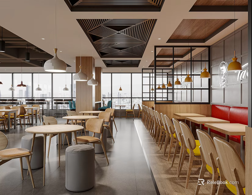 Open Layout Restaurant Interior with Wooden Tables Pendant Lights Red Booths and Natural Light 3d model 