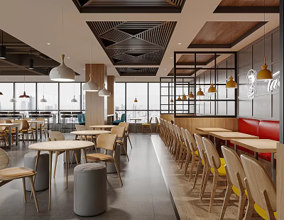 Open Layout Restaurant Interior with Wooden Tables Pendant Lights Red Booths and Natural Light 3d model