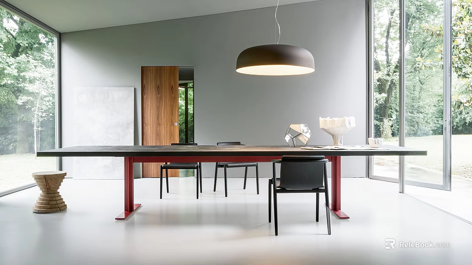 Modern Dining Table Set With Red Legs Black Chairs And Pendant Light In Bright Space 3d model 