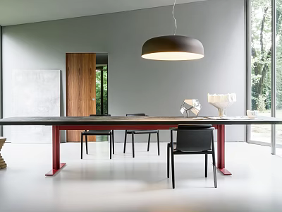 Modern Dining Table Set With Red Legs Black Chairs And Pendant Light In Bright Space 3d model