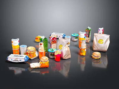 Various Assorted Packaged Foods Featuring Burgers Snacks And Beverage Containers 3d model