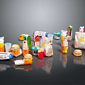 Various Assorted Packaged Foods Featuring Burgers Snacks And Beverage Containers