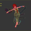 Woman With Blonde Hair In Dark Jumpsuit Tattoos Pink Lines Patterns Outstretched Arms Barefoot Standing