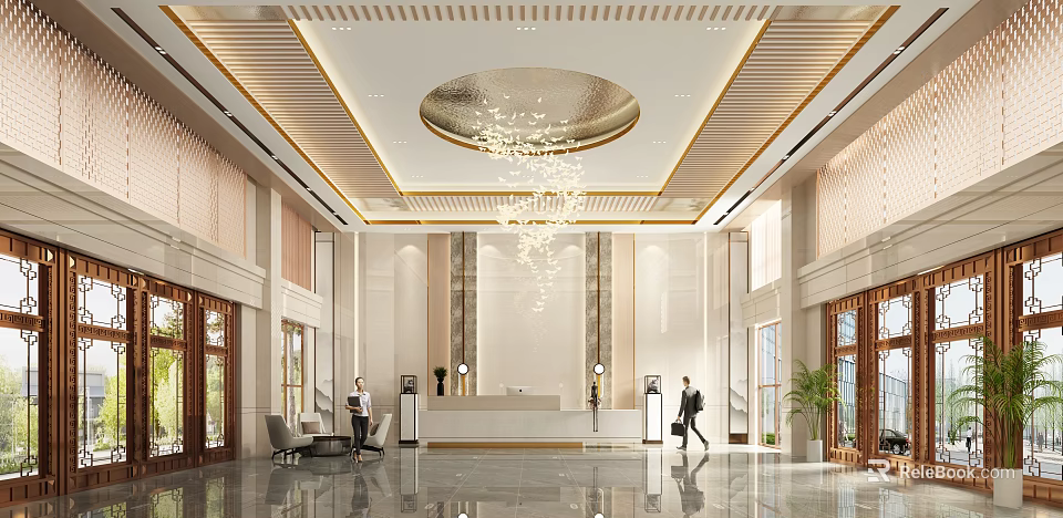 Elegant Hotel Lobby With Circular Chandelier Golden Ceiling Decorations Marble Floor And Reception Area 3d model 