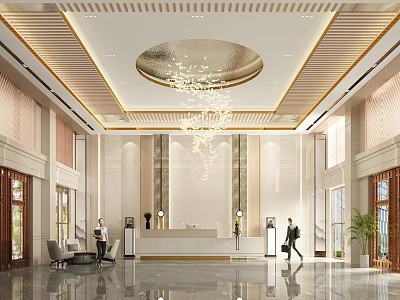 Elegant Hotel Lobby With Circular Chandelier Golden Ceiling Decorations Marble Floor And Reception Area 3d model