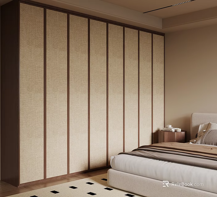 Modern Bedroom Built In Wardrobe With Vertical Stripe Textured Beige And Brown Panels 3d model 