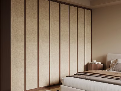Modern Bedroom Built In Wardrobe With Vertical Stripe Textured Beige And Brown Panels 3d model