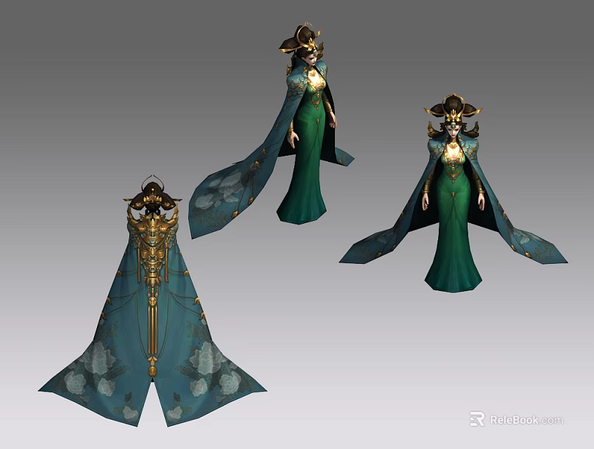 Game and Movie Character Elegant Green Gown with Flowing Cloak and Intricate Golden Details 3d model 
