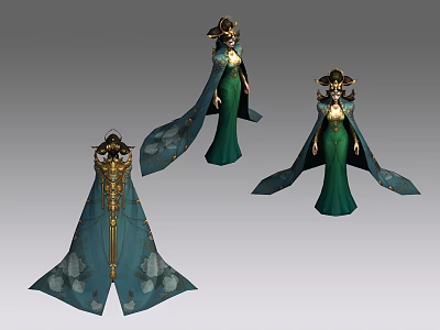 Game and Movie Character Elegant Green Gown with Flowing Cloak and Intricate Golden Details 3d model