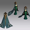 Game and Movie Character Elegant Green Gown with Flowing Cloak and Intricate Golden Details