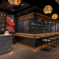 Elegant Chinese Hot Pot Restaurant Interior Design With Hanging Lanterns And Wooden Bar Stools