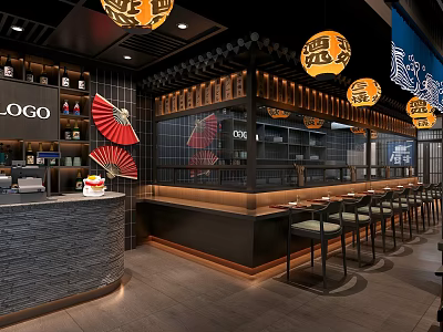 Elegant Chinese Hot Pot Restaurant Interior Design With Hanging Lanterns And Wooden Bar Stools 3d model