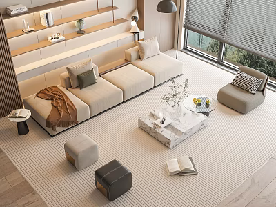 Modern Living Room Sofa And Coffee Table Set With Marble Top Decorative Pillows And Stools 3d model