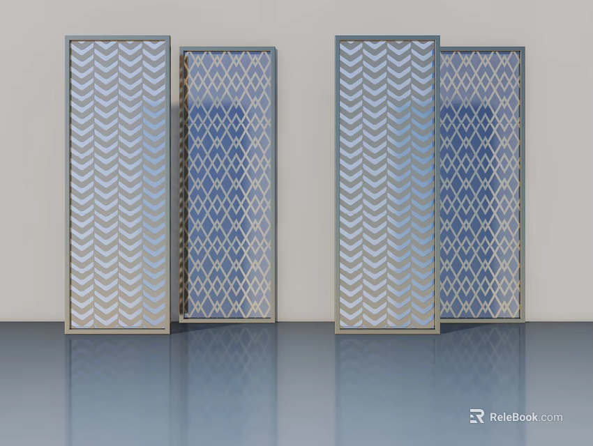 Modern Hinged Doors With Metal Frame Wave And Diamond Pattern Glass Panels 3d model 