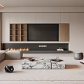 Modern Living and Dining Room Interior With Sofa Coffee Table TV Wall Bookshelves And Fireplace
