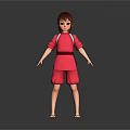 Anime Style Girl Character With Red Traditional Outfit And Short Hair Standing Pose