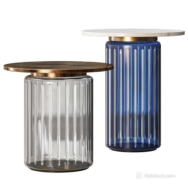 Modern Glass Coffee Table with Ribbed Design and Metal Top in Transparent and Blue 3d model 
