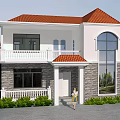 Beautiful Detached Villa With White Upper Floor Stone Wall Green Lawn And Purple Flowers