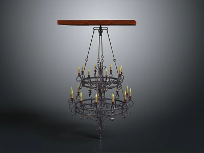 Vintage Metal Chandelier Furniture With Wooden Top And Ornate Candle Shaped Lights 3d model