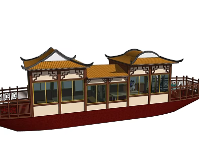 Traditional Chinese Pavilion With Yellow Roof White Walls And Wooden Railings Structure 3d model