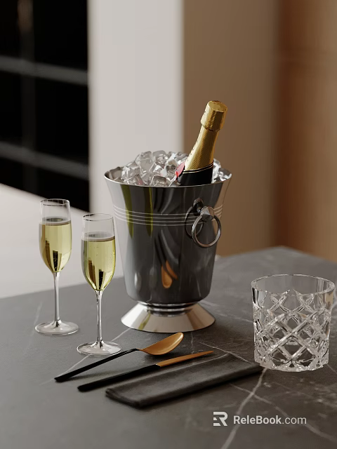 Stainless Steel Champagne Bucket With Ice Cubes Bottle And Glasses For Party Celebration 3d model 