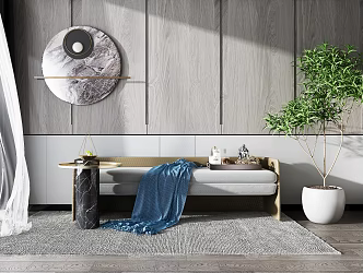 Modern Bed End Stool Fabric Bed End Stool Corner Green Plant Potted Plant Ornaments 3d model