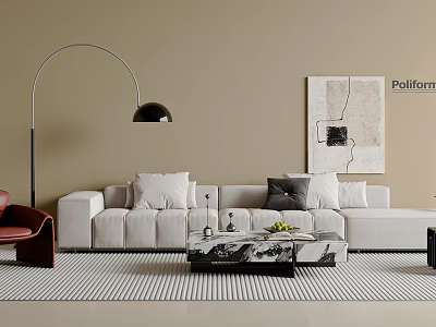 Modern White Sofa and Coffee Table Set with Floor Lamp Striped Rug and Wall Art 3d model