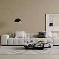 Modern White Sofa and Coffee Table Set with Floor Lamp Striped Rug and Wall Art