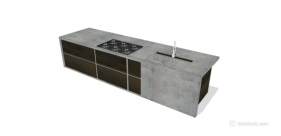 Modern Kitchen Island Cabinets With Gray Countertop Gas Stove And Sink 3d model 
